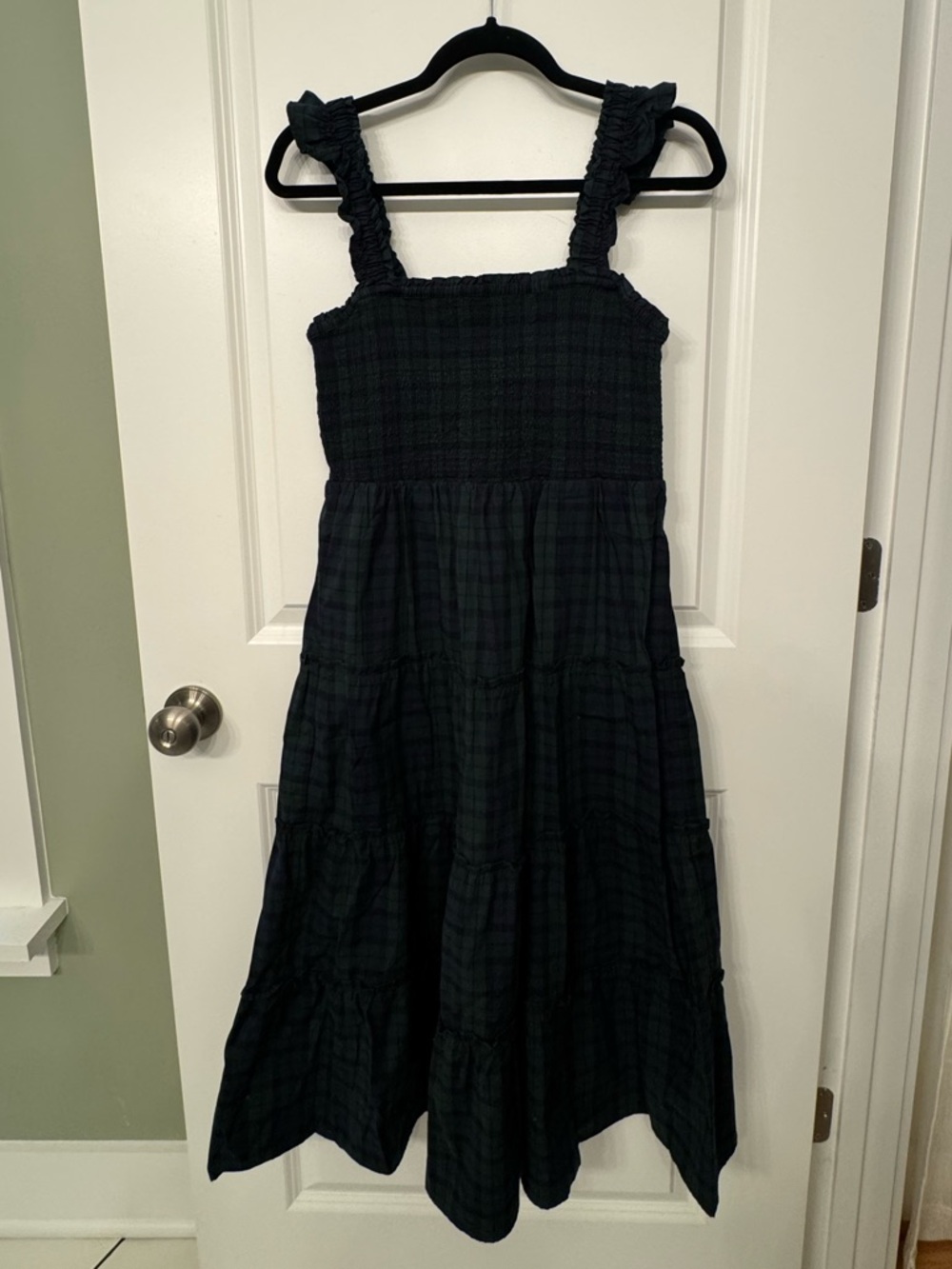 J. Crew Black and Dark Green Plaid Smocked Tiered Midi Dress